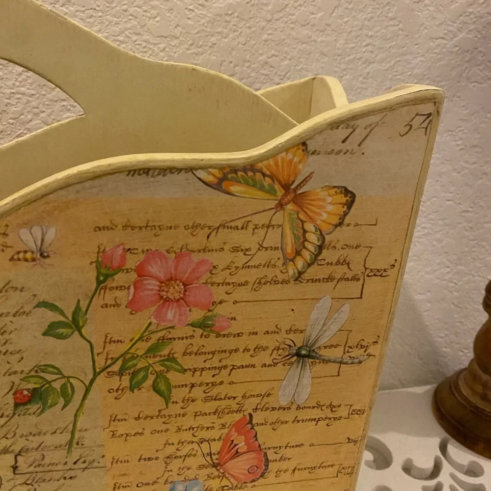 Signed Vintage Off 5th Yellow Floral Butterfly Country Wood Magazine Holder 15”H